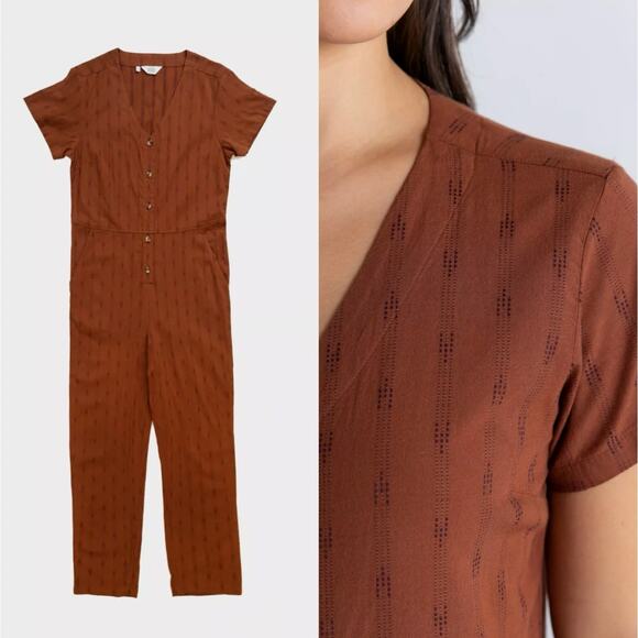 Bridge & Burn S Milo Jumpsuit Organic Cotton Coveralls Dobby Stripe Rust Brown - Picture 10 of 10
